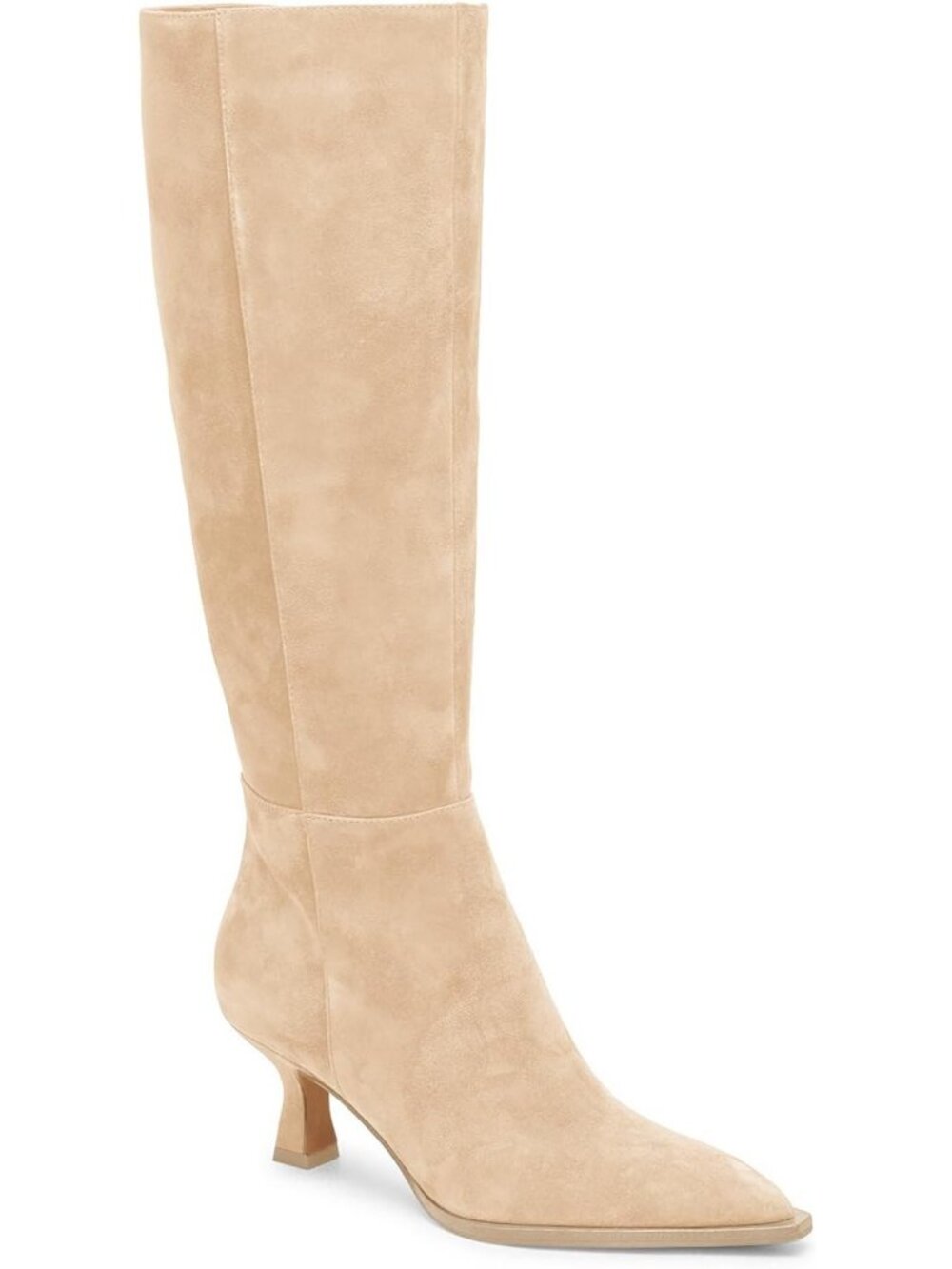 Women's Nude Knee High Boots Kitten Low Heel Pointed Toe Tall Boots Side Zip